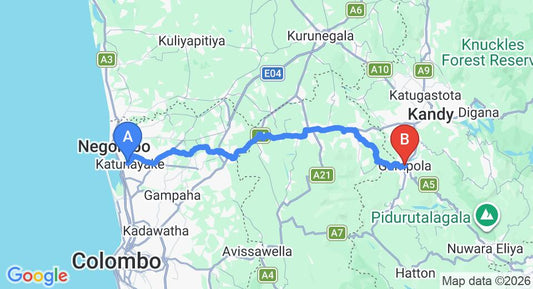 Driving route map: Colombo Airport (CMB) to Walauwa, Gampola (105 km, approx 3 h 8 min private transfer)