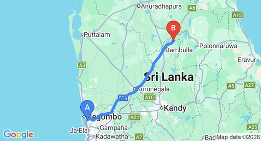 Driving route map: Colombo Airport (CMB) to Roo Mansala Boutique Villas, Sigiriya (148 km, approx 3 h 19 min private transfer)
