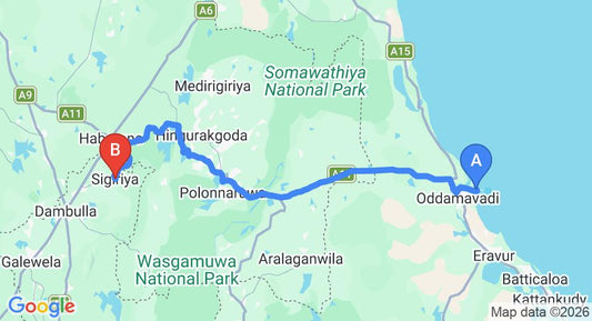 Driving route map: Pasikuda to Sigiriya (125 km, approx 2 h 36 min private transfer)