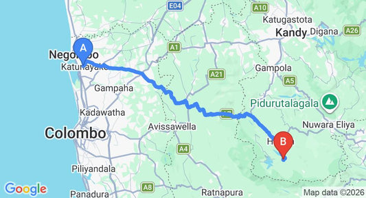 Driving route map: Colombo Airport (CMB) to Norwood Bungalow, Hatton (128 km, approx 4 h 5 min private transfer)