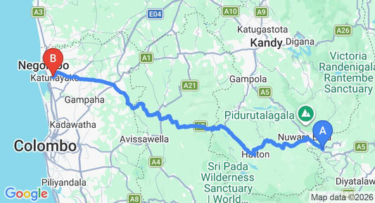 Driving route map: Haggala to Colombo Airport (CMB) (165 km, approx 4 h 59 min private transfer)