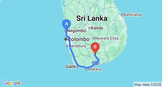 Driving route map: Colombo Airport (CMB) to The Countryside Udawalawe, Udawalawe (258 km, approx 3 h 37 min private transfer)