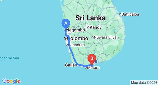 Driving route map: Colombo Airport (CMB) to Mawella Beach Resort, Tangalle (215 km, approx 2 h 57 min private transfer)