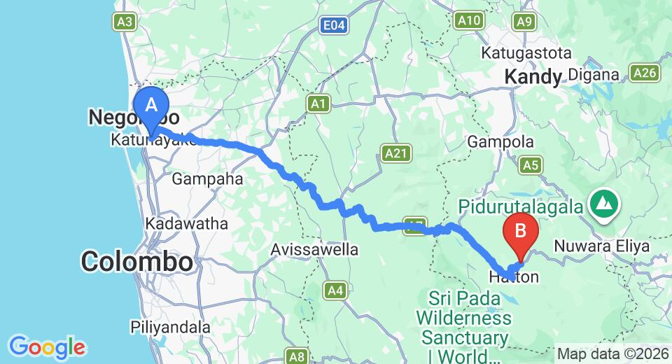 Driving route map: Colombo Airport (CMB) to Golden Villa, Kotagala (121 km, approx 3 h 44 min private transfer)