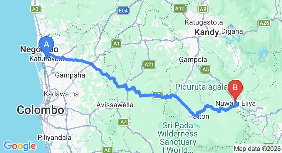 Driving route map: Colombo Airport (CMB) to Hotel Yenisey, Nuwara Eliya (154 km, approx 4 h 44 min private transfer)