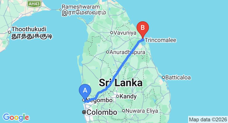 Driving route map: Colombo Airport (CMB) to Bluewater Beach Resort, Trincomalee (237 km, approx 4 h 48 min private transfer)