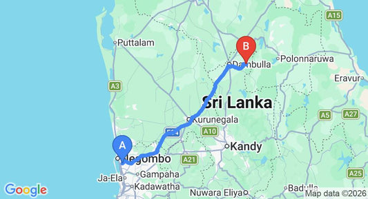 Driving route map: Colombo Airport (CMB) to Boralesgamuwa (146 km, approx 3 h 14 min private transfer)