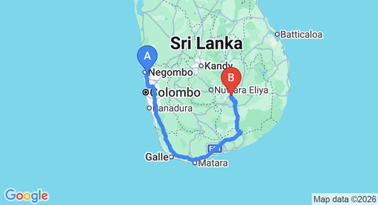 Driving route map: Colombo Airport (CMB) to Ella Grand Peak, Ella (336 km, approx 4 h 57 min private transfer)