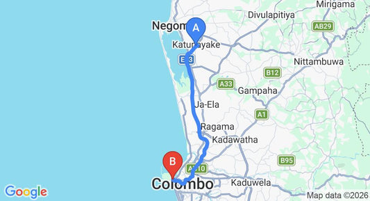 Driving route map: Colombo Airport (CMB) to The Steuart by Citrus, Colombo (35 km, approx 45 min private transfer)
