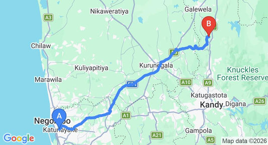 Driving route map: Colombo Airport (CMB) to Jim's Farm Villas, Matale (116 km, approx 2 h 42 min private transfer)
