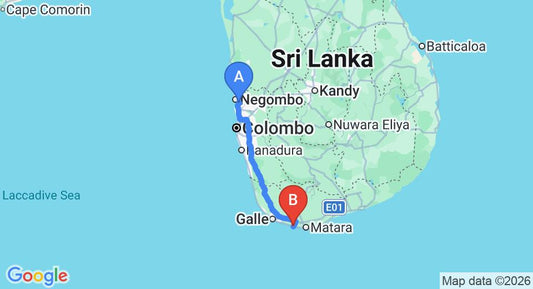 Driving route map: Colombo Airport (CMB) to Bay Beach Hotel, Weligama (174 km, approx 2 h 28 min private transfer)