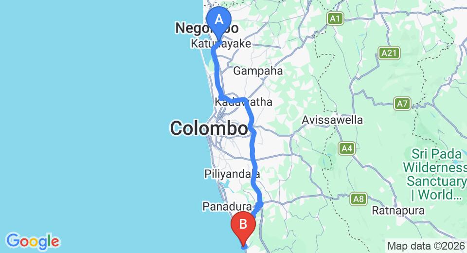 Driving route map: Colombo Airport (CMB) to Karl Holiday Bungalow, Kalutara (82 km, approx 1 h 29 min private transfer)