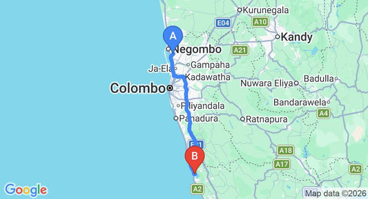Driving route map: Colombo Airport (CMB) to Ahungalla (122 km, approx 2 h 1 min private transfer)