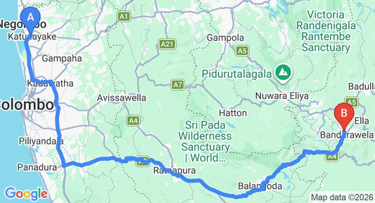 Driving route map: Colombo Airport (CMB) to Hotel Serandib Hill, Bandarawela (219 km, approx 5 h 21 min private transfer)