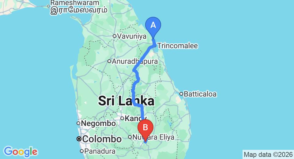 Driving route map: Nilaveli to Ella (277 km, approx 6 h 3 min private transfer)