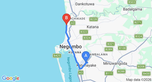 Driving route map: Colombo Airport (CMB) to Jetwing Sea, Negombo (14 km, approx 34 min private transfer)