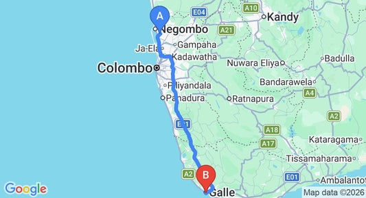 Driving route map: Colombo Airport (CMB) to 20 Middle Street, Galle (153 km, approx 2 h 12 min private transfer)