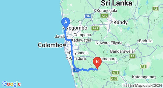 Driving route map: Colombo Airport (CMB) to Kalawana (133 km, approx 2 h 26 min private transfer)