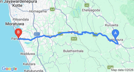 Driving route map: Ratnapura to Panadura (71 km, approx 2 h 7 min private transfer)