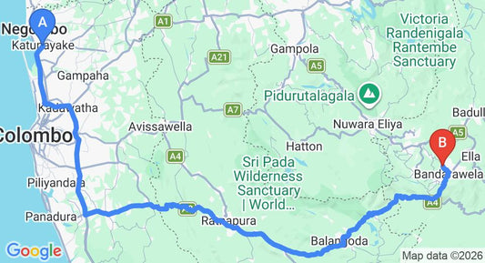Driving route map: Colombo Airport (CMB) to Villa Republic, Bandarawela (222 km, approx 5 h 26 min private transfer)