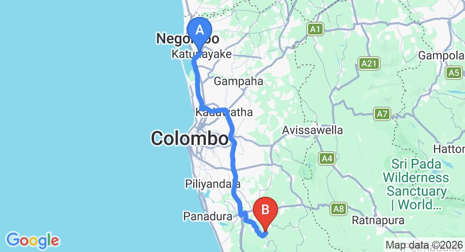 Driving route map: Colombo Airport (CMB) to Diyakiriththa Chalet, Yala (77 km, approx 1 h 23 min private transfer)