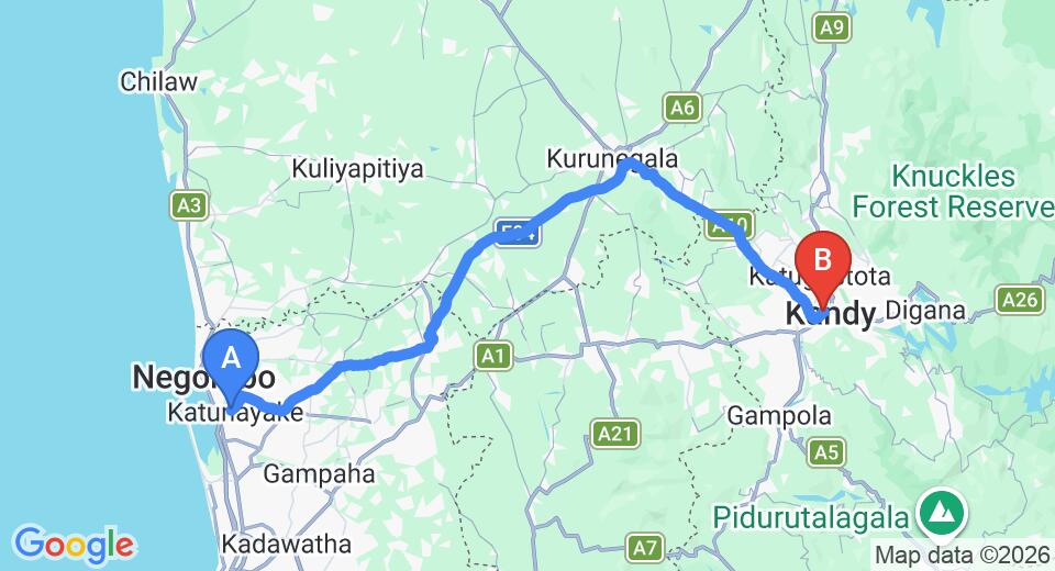 Driving route map: Colombo Airport (CMB) to Jasmine Hill House, Kandy (112 km, approx 2 h 46 min private transfer)
