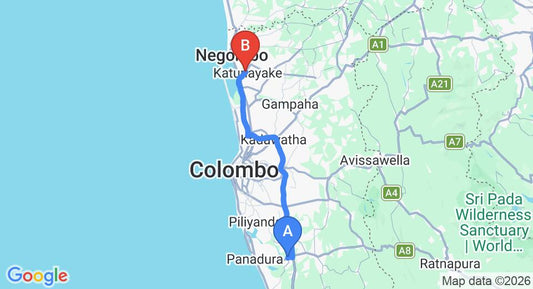 Driving route map: Bandaragama to Colombo Airport (CMB) (63 km, approx 55 min private transfer)