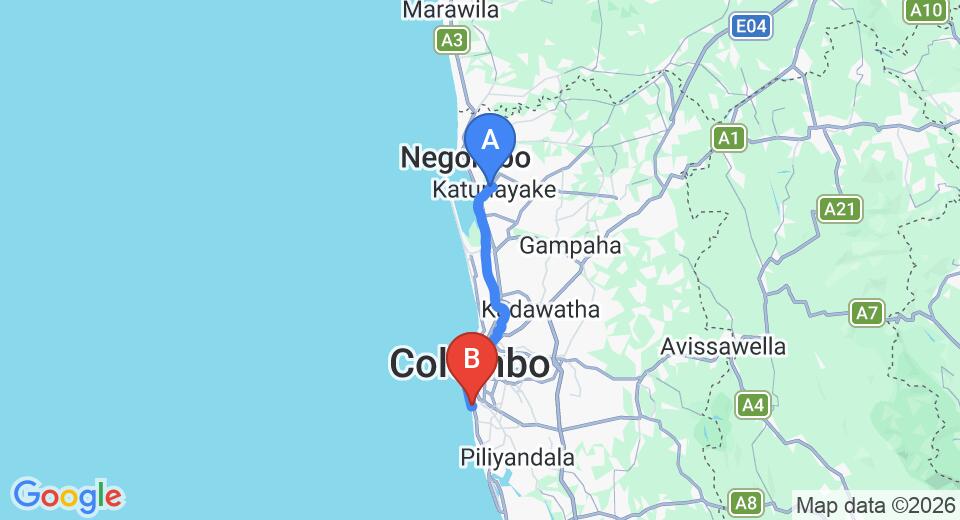 Driving route map: Colombo Airport (CMB) to Lavinia Residencies, Colombo (39 km, approx 57 min private transfer)