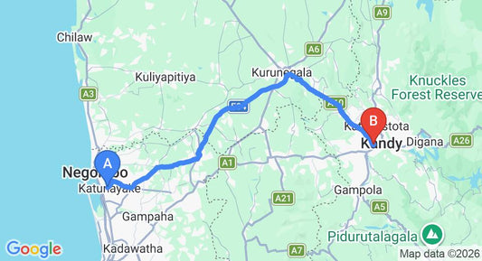 Driving route map: Colombo Airport (CMB) to Gangula Villa Kandy, Kandy (110 km, approx 2 h 42 min private transfer)