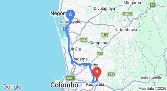 Driving route map: Colombo Airport (CMB) to Patio, Biyagama (40 km, approx 43 min private transfer)