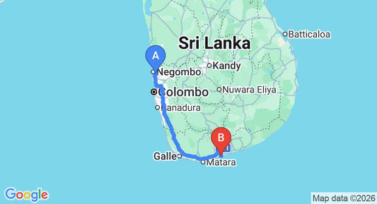 Driving route map: Colombo Airport (CMB) to Ceylon Sea Hotel, Tangalle (216 km, approx 2 h 52 min private transfer)