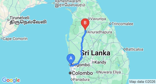 Driving route map: Colombo Airport (CMB) to Gamodh Citadel Resort, Anuradhapura (179 km, approx 3 h 51 min private transfer)
