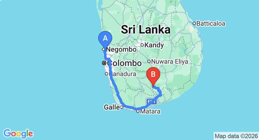 Driving route map: Colombo Airport (CMB) to Le Green Udawalawe Resort, Udawalawe (272 km, approx 3 h 42 min private transfer)