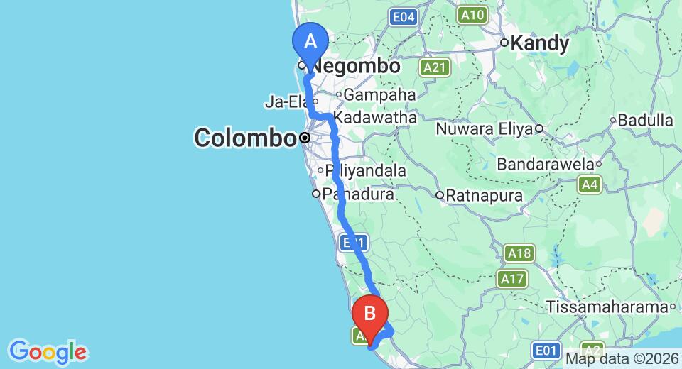 Driving route map: Colombo Airport (CMB) to Shanthi Guest House , Galle (143 km, approx 2 h 7 min private transfer)