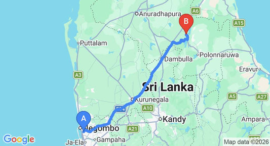 Driving route map: Colombo Airport (CMB) to Kaudulla (178 km, approx 3 h 45 min private transfer)