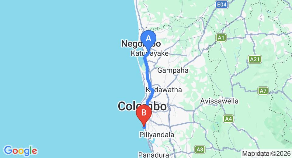 Driving route map: Colombo Airport (CMB) to Ranveli Beach Resort, Mount Lavinia (43 km, approx 1 h 10 min private transfer)