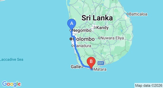 Driving route map: Colombo Airport (CMB) to White House Lodge, Matara (185 km, approx 2 h 33 min private transfer)