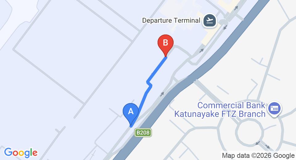 Driving route map: Colombo Airport (CMB) to Casa Heliconia, Katunayake (0 km, approx 0 min private transfer)