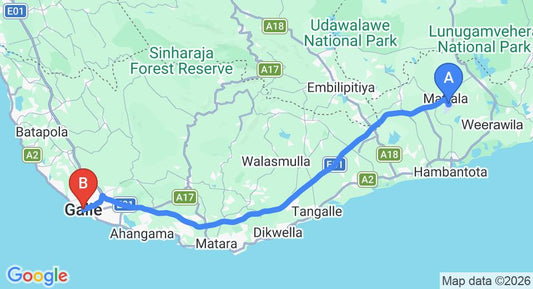 Driving route map: Mattala (HRI) Airport to Galle (117 km, approx 1 h 36 min private transfer)