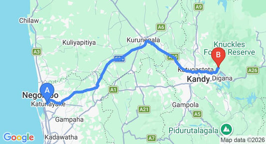 Driving route map: Colombo Airport (CMB) to Narampanawa (127 km, approx 3 h 17 min private transfer)