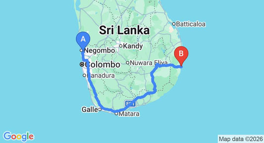 Driving route map: Colombo Airport (CMB) to Blue Waters, Arugam Bay (416 km, approx 6 h 25 min private transfer)