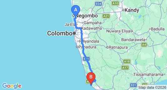 Driving route map: Colombo Airport (CMB) to Anura Villa Guest House, Hikkaduwa (144 km, approx 2 h 8 min private transfer)