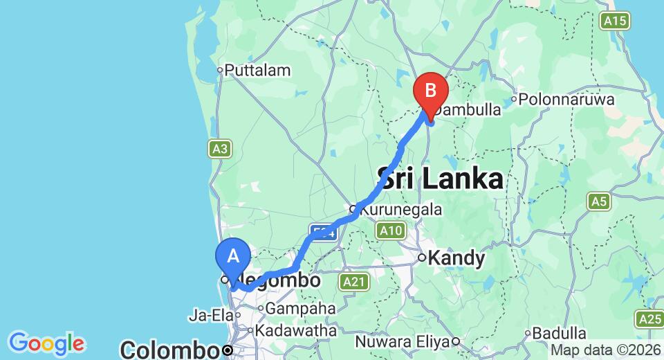 Driving route map: Colombo Airport (CMB) to Raintree, Dambulla (135 km, approx 2 h 58 min private transfer)