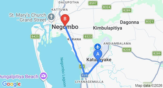 Driving route map: Colombo Airport (CMB) to Jetwing Beach, Negombo (9 km, approx 20 min private transfer)