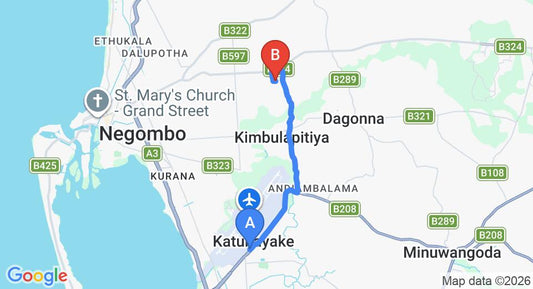 Driving route map: Colombo Airport (CMB) to Katiyala (8 km, approx 18 min private transfer)