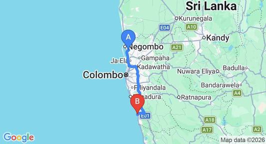 Driving route map: Colombo Airport (CMB) to Roy Villa Beach Hotel, Beruwala (94 km, approx 1 h 31 min private transfer)