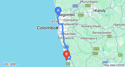 Driving route map: Colombo Airport (CMB) to Serendipitialy Hotel, Ambalangoda (130 km, approx 1 h 59 min private transfer)