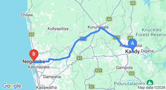 Driving route map: Kandy to Negombo (115 km, approx 2 h 46 min private transfer)
