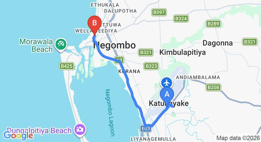 Driving route map: Colombo Airport (CMB) to Club Hotel Sea Spray, Negombo (11 km, approx 25 min private transfer)