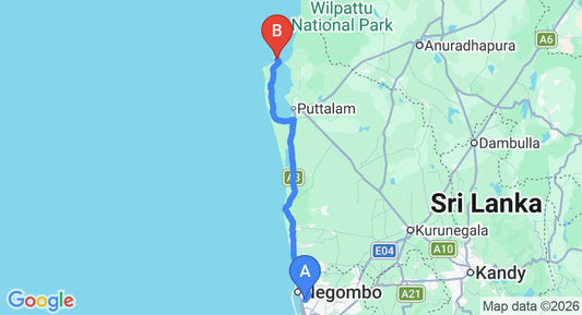 Driving route map: Colombo Airport (CMB) to Valampuri Kite Resort, Kalpitiya (142 km, approx 3 h 20 min private transfer)